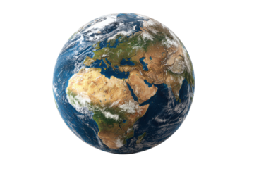 Detailed view of planet Earth showing continents Africa Europe Asia and clouds space globe, Isolated On Transparent Background, Png Cut Out
