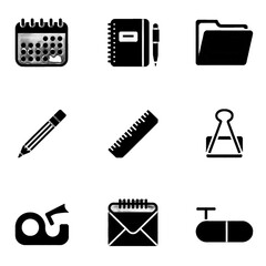 Set of black and white icons representing office and school supplies including calendar, notebook, folder, pencil, ruler, compass, scissors, envelope, and pill
