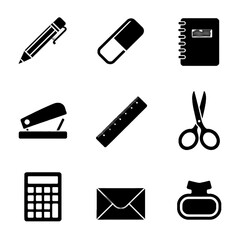 Set of black and white office supply icons including pen, eraser, notebook, stapler, ruler, scissors, calculator, envelope, and seal