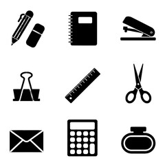 Collection of office and school supplies icons including pen, notebook, stapler, paper clip, ruler, scissors, envelope, calculator, and ink bottle