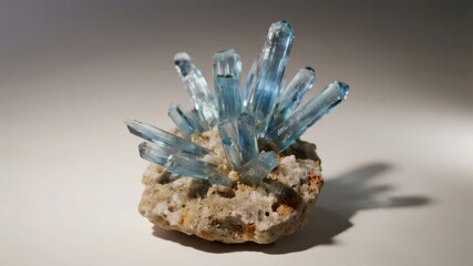 Blue quartz crystal cluster growing from a rock matrix