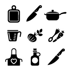 Set of black silhouette icons representing kitchen tools and ingredients including cutting board, knife, pot, measuring cup, onion, carrot, apron, bottle, and chef's knife.