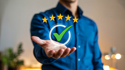 Person holding out hand with digital overlay of five gold stars and green checkmark symbolizing customer satisfaction, approval, and high quality