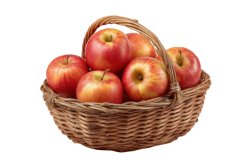Woven basket filled with ripe red and yellow apples on a black background fruit wicker, Isolated On Transparent Background, Png Cut Out