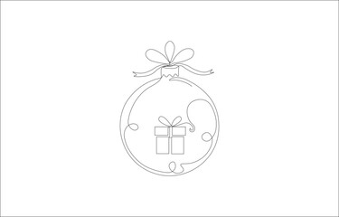 Christmas Ornament with Gift Box and Ribbon – Minimalist One Line Drawing Vector Illustration