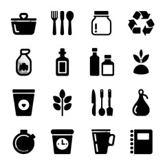 Set of black silhouette icons representing kitchen tools, food items, and cooking-related objects