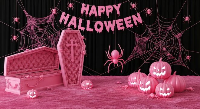 Pink Halloween scene with glowing jack-o'-lanterns, spiders, webs, and coffin against black curtains.