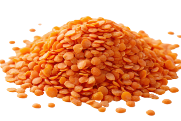 Pile of orange red lentils on a black background with scattered seeds heap, Isolated On Transparent Background, Png Cut Out