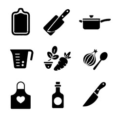 Set of kitchen utensils and cooking ingredients icons in black silhouette style