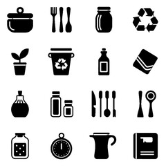 Collection of kitchen and household icons including utensils, containers, recycling symbols, and cooking tools