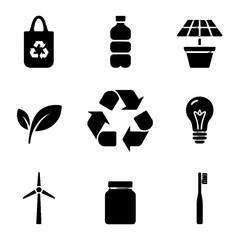 Set of environmental and sustainability icons including recycling, renewable energy, and eco-friendly products