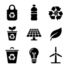 Set of environmental and sustainability icons including recycling, renewable energy, and eco-friendly symbols