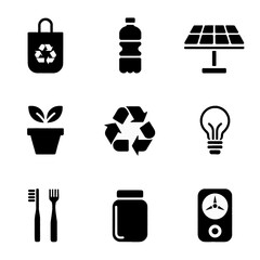 Set of environmental and sustainability icons including recycling, solar panel, plant, light bulb, and reusable items