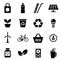 Set of black eco-friendly icons representing sustainability, recycling, renewable energy, and green living concepts.