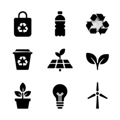Set of black eco-friendly icons including recycling, renewable energy, and sustainability symbols