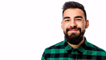 Fototapeta premium Close up portrait of a smiling man with a beard wearing a green plaid shirt