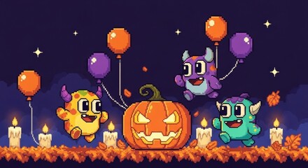 Retro Pixel Art Halloween Celebration: Cute Monsters, Carved Pumpkin, Autumn Leaves, and Balloons.