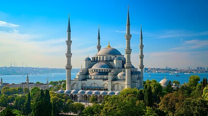 Naklejka premium Sultan Ahmed Mosque in Istanbul, Turkey with Six Minarets and Blue Domes under Sky