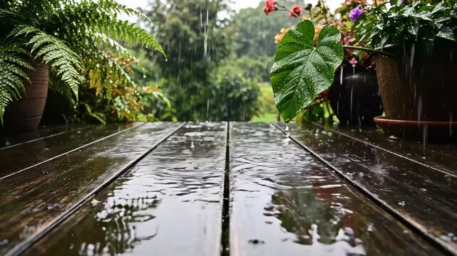 Tranquil Raindrops PitterPattering on Wet Wooden Deck Amidst Vibrant Green Garden Foliage.