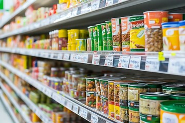 Fototapeta premium Supermarket Shelves Lined with Rows of Canned Goods and Packaged Food Products Indoors