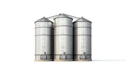 Obraz premium Three Silver Grain Silos Connected by Metal Structure, Standing Against a White Background