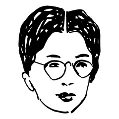 Head of a pretty young lady wearing glasses. Hand drawn linear doodle rough sketch. Black and white silhouette.