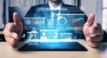 Content marketing interface with data dashboards, analytics charts, and content tools. Marketing success comes from content performance, content planning, and marketing optimization. Spline