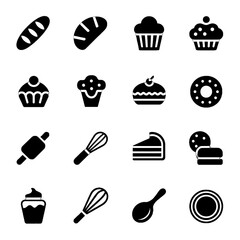 Collection of black silhouette icons representing various baked goods and baking tools
