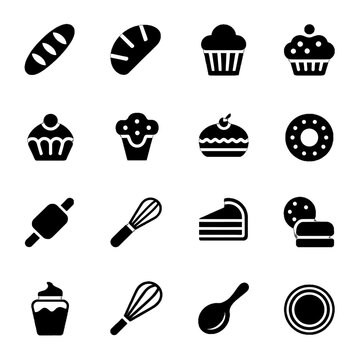 Collection of black silhouette icons representing various baked goods and baking tools