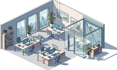 Modern Workspace Design, Urban Setting, Illustration, Tranquil Environment, Aerial View, Efficiency Concept