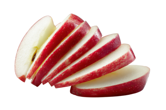 Sliced red apple wedges with white flesh against black background fruit, Isolated On Transparent Background, Png Cut Out