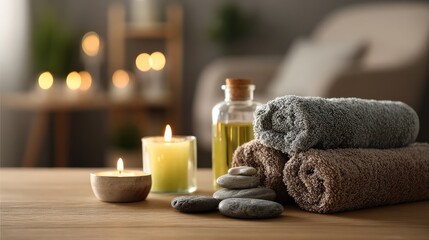 A serene spa setup featuring soft towels, candles, essential oil, and smooth stones, creating a tranquil atmosphere for relaxation and self-care.