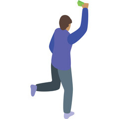 Man in blue shirt and grey pants running happily holding cash with one hand up in the air isolated on white background