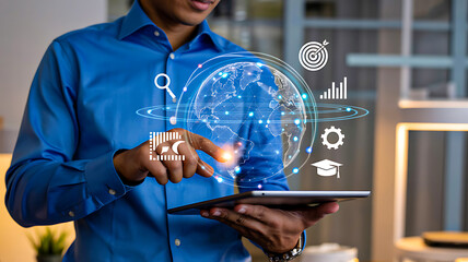 Person using tablet with holographic interface of global icons including data, search, education, and analytics representing digital transformation