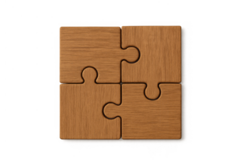 Wooden jigsaw puzzle pieces connecting, forming a complete square, representing teamwork, solution, system, and strategy on transparent background