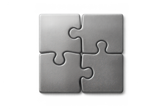 Metal jigsaw puzzle pieces perfectly fitting together, representing concept of connection, strategy, and successful collaboration