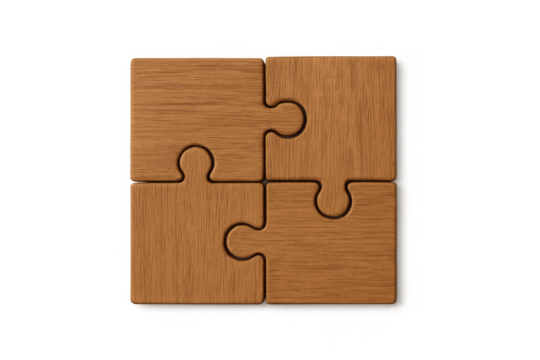 Wooden jigsaw puzzle pieces connecting, forming a complete square, representing teamwork, solution, system, and strategy on transparent background