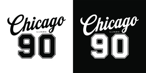 Plakat Chicago 90 Illinois vintage varsity typography design with bold sports lettering and retro athletic style on black and white backgrounds