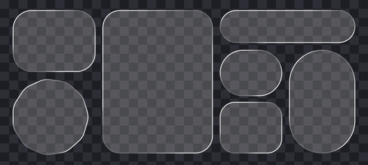 Transparent glass shapes set with soft glowing edges. Realistic clear geometric frames including star, circle, square, badge, and rounded forms on  dark checkered background perfect for UI, web design