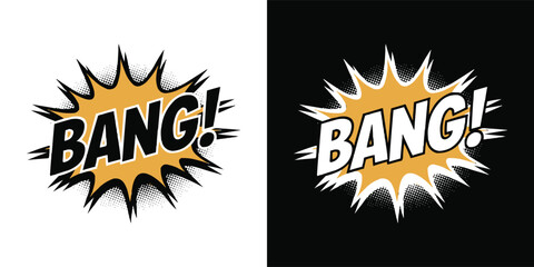 Bang comic explosion pop art burst with halftone shading — retro cartoon sound effect text in orange and black