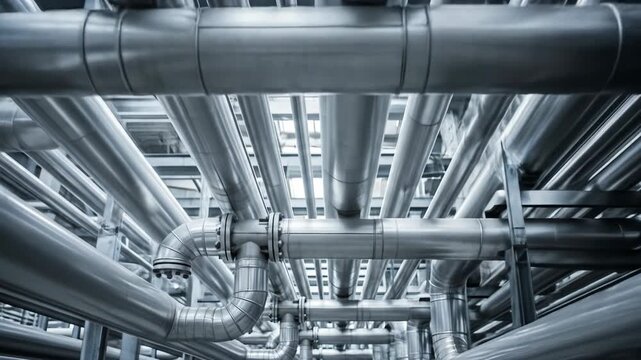 Complex network of steel pipes in an industrial setting