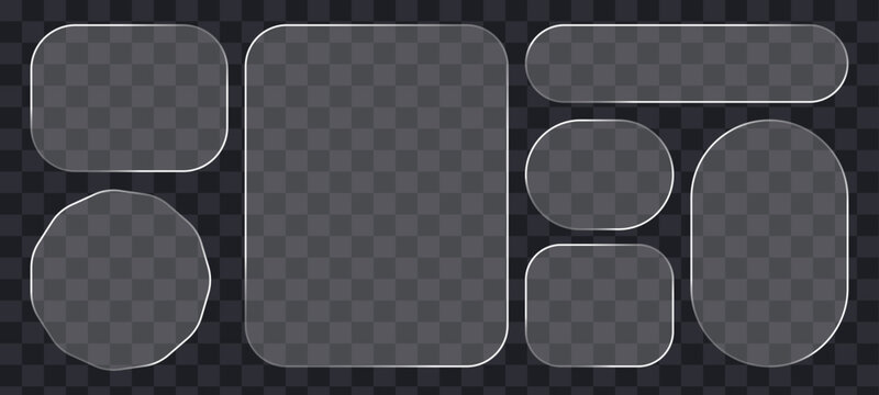 Transparent glass shapes set with soft glowing edges. Realistic clear geometric frames including star, circle, square, badge, and rounded forms on  dark checkered background perfect for UI, web design