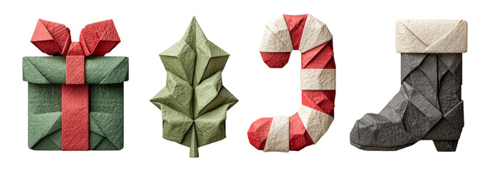 Colorful Origami Christmas Elements on Transparent Background