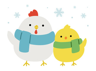ニワトリとヒヨコの冬のイラスト