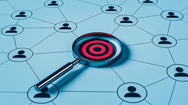 Magnifying glass highlighting target icon within network of user symbols representing data analysis, audience profiling, and marketing precision