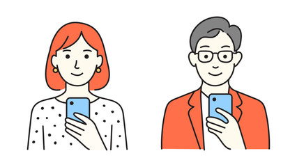 Minimalist Line Art Couple Using Smartphones - Man and Woman Holding Phone Illustration, Digital Communication