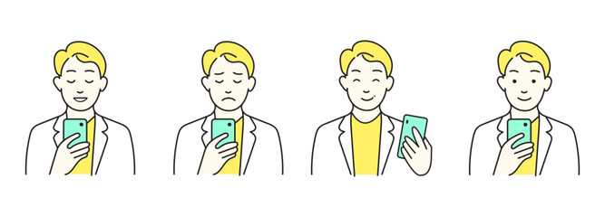 Naklejka premium Minimalist Line Art Man Using Smartphone with 4 Expressions Set - Happy, Sad, and Winking User Emotions Illustration
