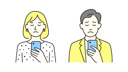 Minimalist Line Art Sad People Using Smartphones - Disappointed Man and Woman Holding Phone Illustration