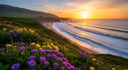 Vibrant wildflowers bloom on a coastal cliff overlooking the ocean at sunset