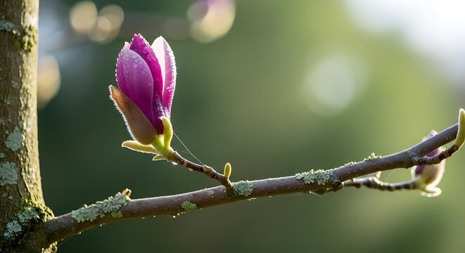 Single vibrant pink magnolia flower bud opening on a branch in soft sunlight